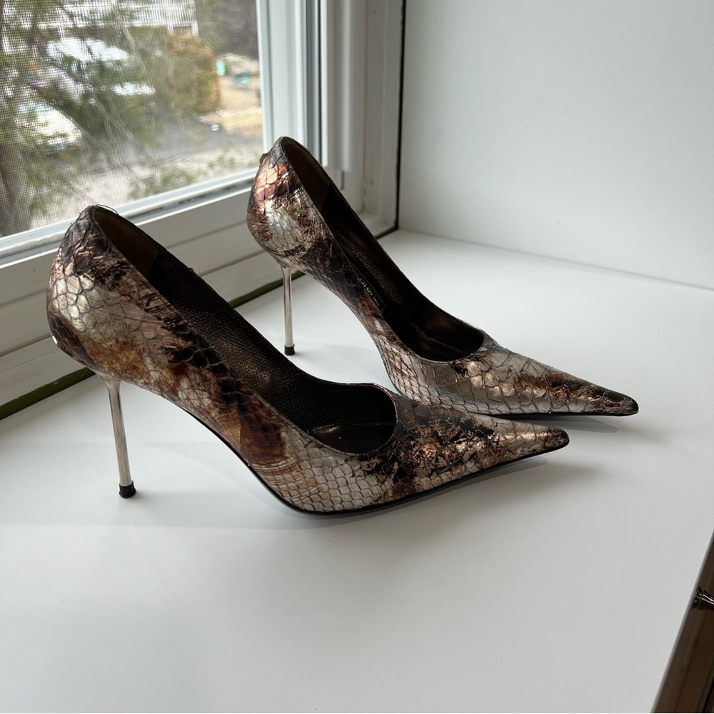 Gianmarco Lorenzi Metallic Snakeskin Heels in Brown and Cream 37/7